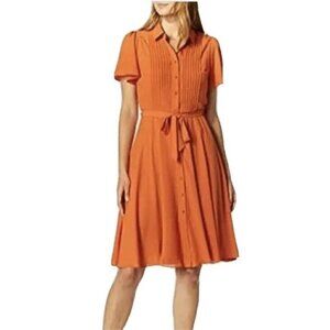 NANETTE LEPORE Women's Sz 12 Orange Belted Pintuck Three Button Front Dress